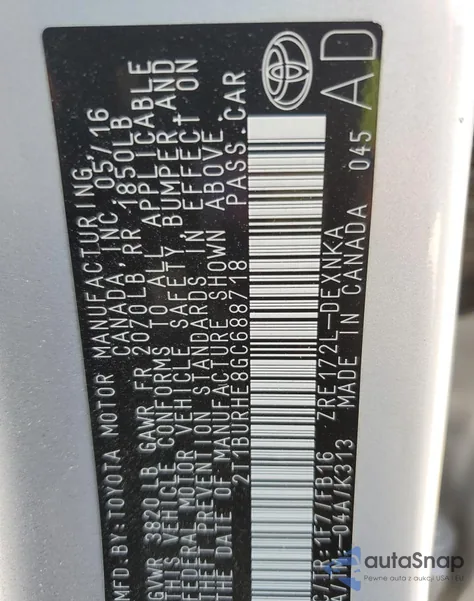 2016 Toyota Corolla L из США, поврежденный, VIN 2T1BURHE8GC688718